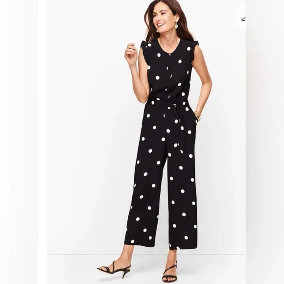 Talbots Polka Dot Black & White Ruffle Sleeves Jumpsuit Womens 10
